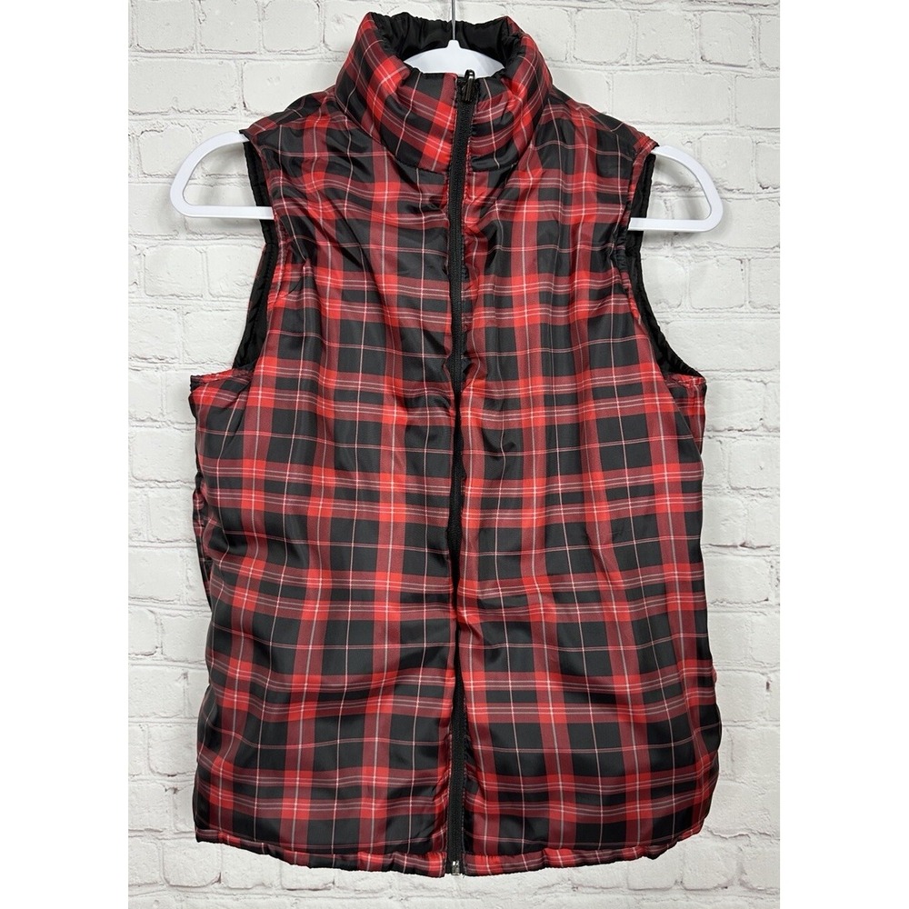 Merona Womens Reversible Plaid Puffer Vest Jacket Red Plaid and Black sz M GUC
